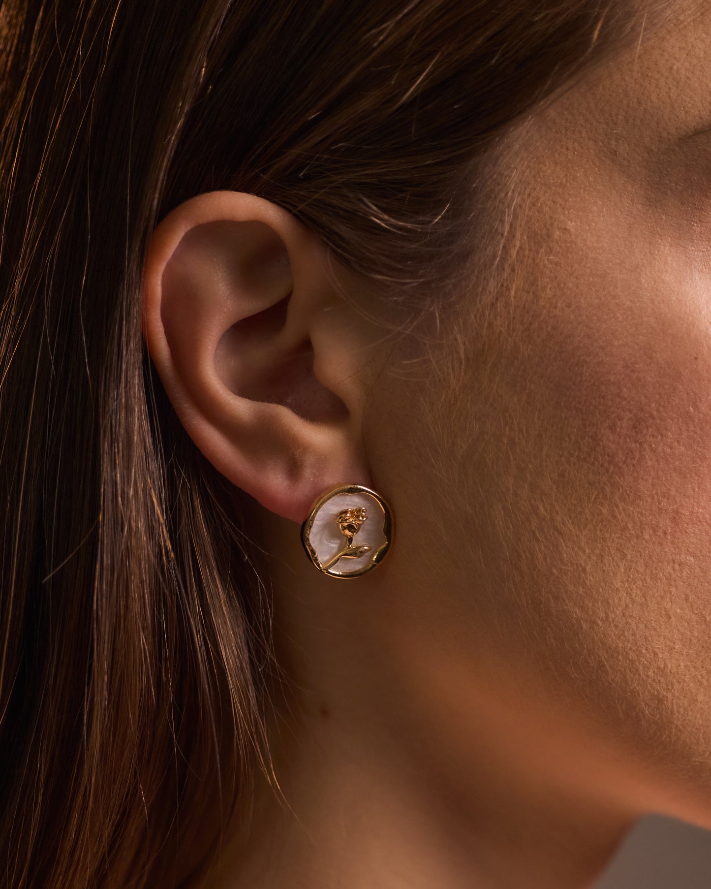 Gold Rose Silhouette on Pearl Earrings